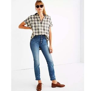 Madewell High Rise Slim Straight Leg Button Front Jeans Sz 32 Distressed